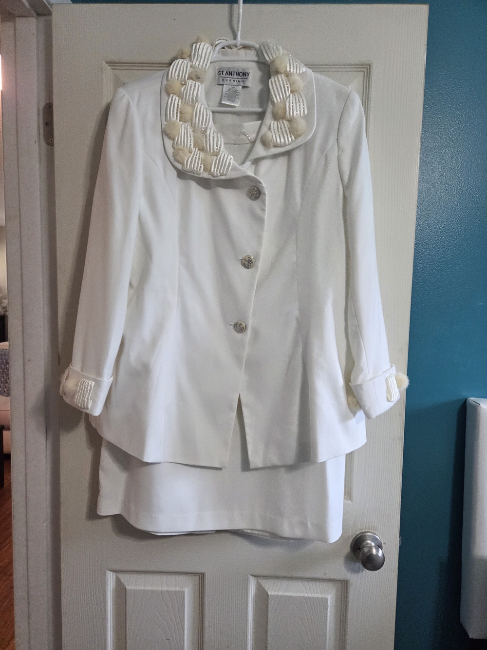 St. Anthony Evening Ivory White Embellished 2-Piece Jacket & Skirt Suit